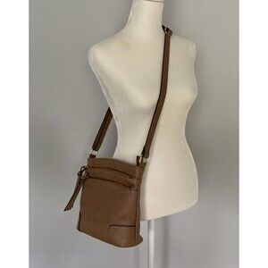 Womens Crossbody Messenger Bag Faux Leather Dark Tan Brown Zipper Compartments